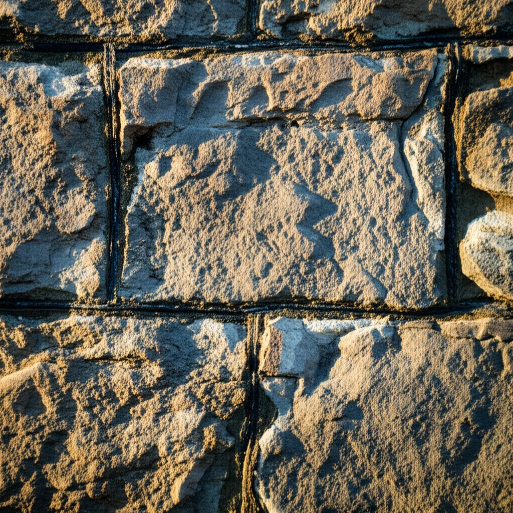 Primo piano di un muro a secco in pietra restaurato e rinforzato, con segni appena visibili delle scanalature riempite dove sono state inserite le barre FRP, luce naturale morbida, depth of field che mette a fuoco la texture della pietra, prime lens 35mm.