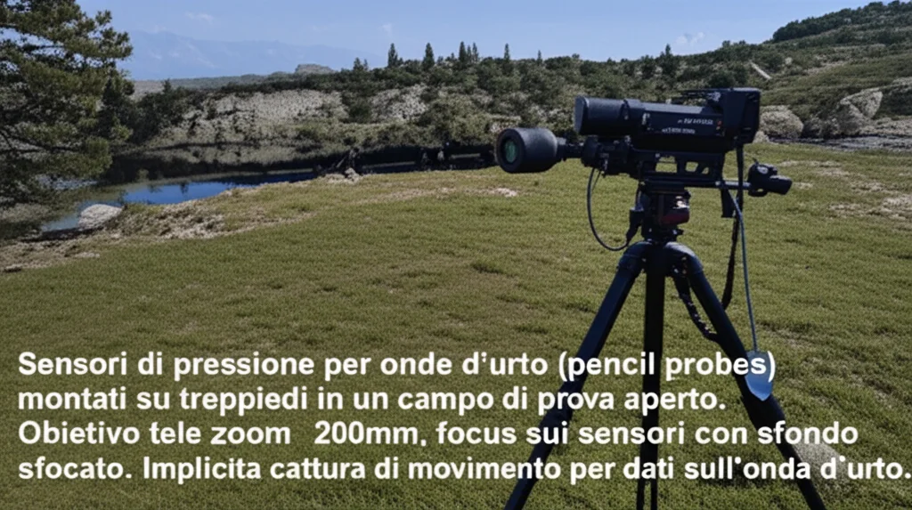Sensori di pressione per onde d'urto (pencil probes) montati su treppiedi in un campo di prova aperto. Obiettivo tele zoom 200mm, focus sui sensori con sfondo sfocato. Implicita cattura di movimento per dati sull'onda d'urto.