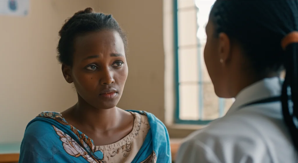 Fotografia realistica di una donna etiope in una clinica rurale mentre riceve consulenza sulla pianificazione familiare da un'operatrice sanitaria. La donna appare attenta ma con un'espressione leggermente preoccupata. L'operatrice è rassicurante. Obiettivo prime 35mm, luce naturale soffusa che entra da una finestra, profondità di campo che sfoca leggermente lo sfondo della clinica semplice ma pulita.