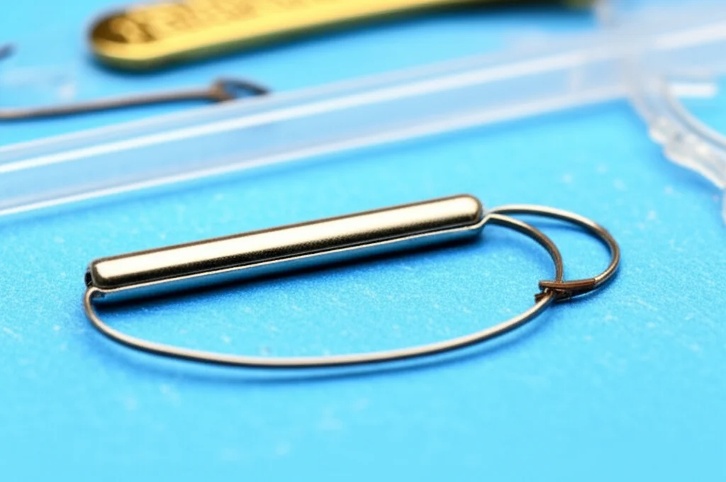 Immagine macro ad alta definizione di diversi tipi di contraccettivi a lunga durata: un impianto sottocutaneo flessibile e un dispositivo intrauterino a forma di T. Sono disposti su un panno sterile blu in un ambiente clinico. Obiettivo macro 100mm, illuminazione controllata da studio, messa a fuoco precisa sui dettagli dei dispositivi, alta definizione.