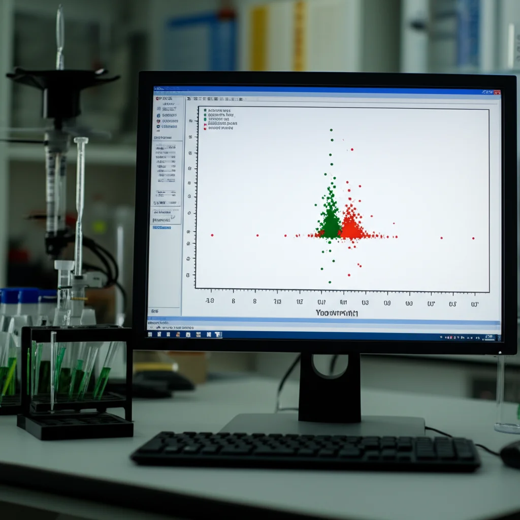 Grafico 'volcano plot' fotorealistico che mostra i geni differenzialmente espressi (DEGs) su uno schermo di computer in un laboratorio di ricerca. Punti verdi per i geni sovraregolati, punti rossi per i sottoregolati. Obiettivo prime 50mm, profondità di campo, illuminazione da laboratorio.