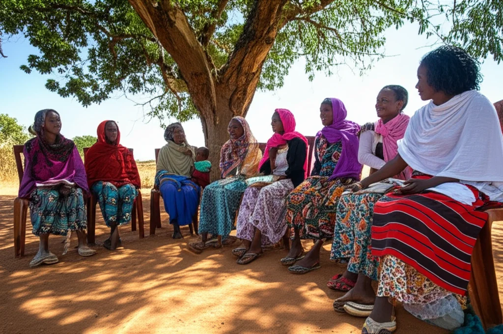 Ritratto fotografico di un gruppo eterogeneo di donne etiopi (giovani, adulte, alcune con bambini) che partecipano attivamente a una sessione educativa sulla salute riproduttiva tenuta all'aperto, sotto un albero, in un contesto comunitario rurale. Obiettivo zoom 24-70mm impostato a 50mm, atmosfera di apprendimento collaborativo, colori naturali, stile documentaristico, luce diurna.