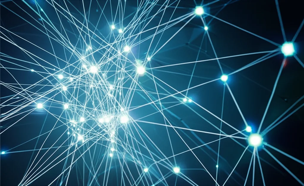 Visualizzazione 3D fotorealistica di una complessa rete di interazione proteina-proteina (PPI) con nodi luminosi che rappresentano gli hub genes. Sfondo scuro high-tech. Obiettivo macro 90mm, alta definizione, illuminazione suggestiva.