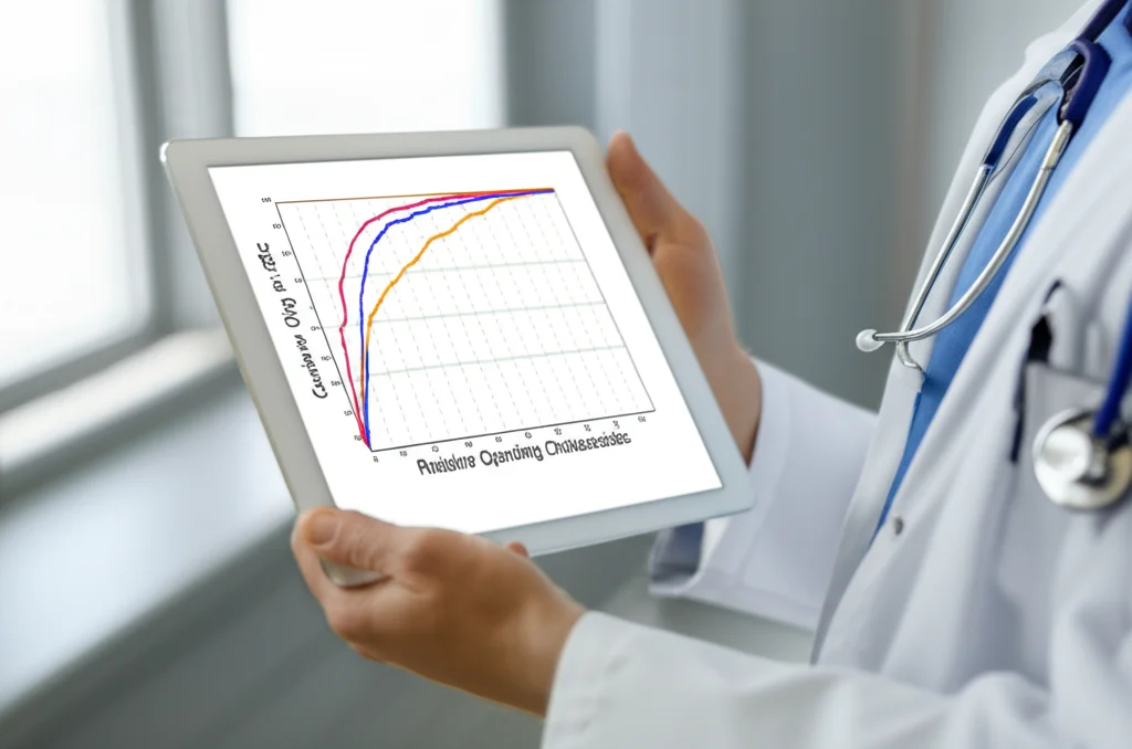 Grafico fotorealistico di una curva ROC (Receiver Operating Characteristic) su un tablet tenuto da un medico in camice bianco. Il grafico mostra un'alta area sotto la curva (AUC > 0.9). Obiettivo prime 35mm, sfondo sfocato di un ambulatorio, luce naturale.” /></p>
<h4>Cosa Significa Tutto Questo? Prospettive Future</h4>
<p>Questa indagine bioinformatica ci ha permesso di “illuminare” alcuni angoli bui della biologia del GDM. Abbiamo identificato non solo geni già noti, ma anche <b>nuovi potenziali attori</b> (come TRIM54, ELAVL2, PTN, KIT, SRC, ITGA4, RPA1, ACTB) e le reti complesse in cui operano, inclusi i loro regolatori (miRNA e TF).</p>
<p>Questi risultati sono entusiasmanti perché:</p>
<ul>
<li>Forniscono una lista di <b>nuovi potenziali biomarcatori</b> molecolari che potrebbero migliorare la diagnosi precoce e la prognosi del GDM.</li>
<li>Suggeriscono <b>nuove vie di segnalazione</b> e meccanismi molecolari che potrebbero diventare bersagli per future terapie.</li>
<li>Evidenziano le connessioni tra GDM e altre malattie metaboliche e cardiovascolari, suggerendo meccanismi comuni.</li>
</ul>
<p>Certo, questo è un lavoro fatto “al computer”, analizzando dati esistenti. Il prossimo passo fondamentale sarà <b>validare questi risultati in laboratorio e in studi clinici</b>. Bisogna verificare se questi geni e pathway si comportano davvero come suggerito dalla nostra analisi nelle pazienti con GDM.</p>
<p>Ma la strada è tracciata! La bioinformatica e l’NGS ci hanno fornito una mappa preziosa per navigare nella complessità del diabete gestazionale. Speriamo che questa mappa ci guidi verso una migliore comprensione, diagnosi e trattamento di questa condizione, per la salute delle mamme e dei loro bambini. È un campo in continua evoluzione, ed è incredibile poter contribuire, anche solo decifrando questi intricati codici genetici!</p>
<p>Fonte: <a href=