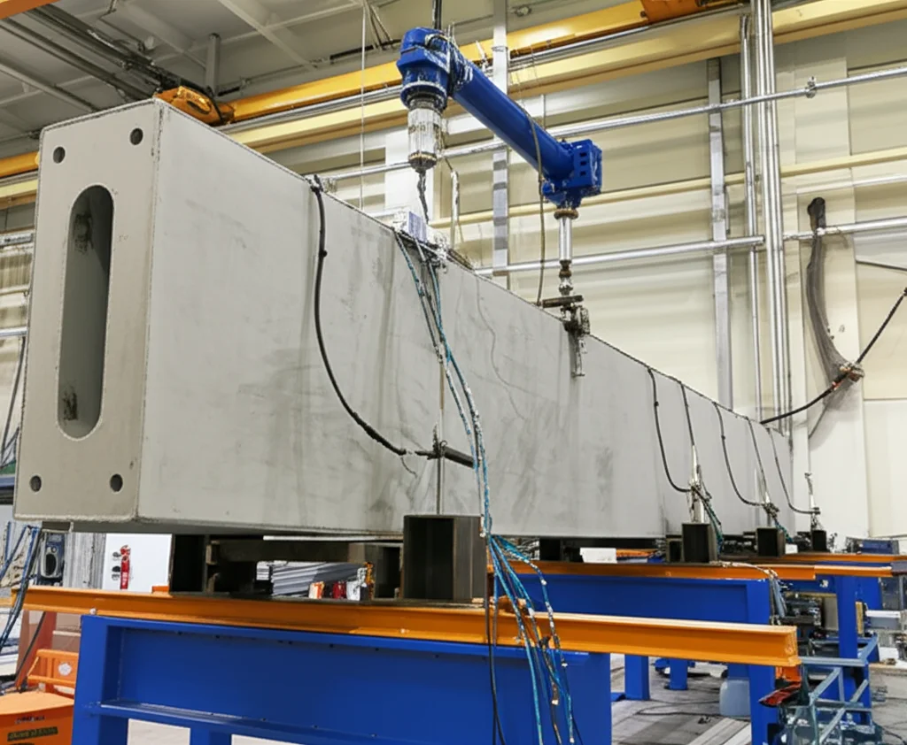 Fotografia realistica di un laboratorio di ingegneria strutturale. Una grande trave a mensola in calcestruzzo UHPFRC grigio chiaro è posizionata su supporti metallici. Un martinetto idraulico blu è montato sopra la mensola per applicare il carico. Numerosi cavi e sensori di deformazione sono attaccati alla superficie della trave. Illuminazione controllata da laboratorio, obiettivo prime 35mm, alta definizione, profondità di campo media che sfoca leggermente lo sfondo.