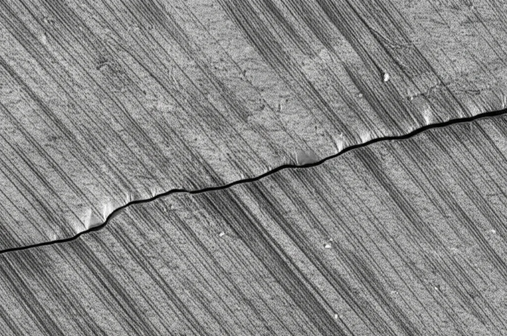 Macro fotografia di una superficie di calcestruzzo UHPFRC grigio chiaro dopo un test di carico. Si nota una sottile fessura che attraversa la superficie ruvida del calcestruzzo, con piccole fibre d'acciaio visibili sporgere leggermente. Illuminazione laterale drammatica per accentuare la texture e la crepa. Obiettivo macro 100mm, messa a fuoco estremamente precisa sulla fessura, alta definizione.