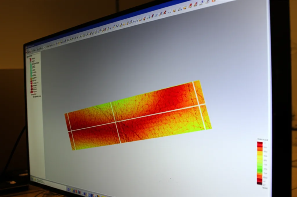 Schermata di un computer che mostra una simulazione 3D agli elementi finiti di una trave a mensola in UHPFRC. La trave è colorata con una mappa di stress, con colori caldi (rosso/giallo) nelle zone più sollecitate vicino alla mensola e all'interfaccia con l'anima. Ambiente di un ufficio di ingegneria moderno, leggermente scuro, con la luce dello schermo che illumina parzialmente una tastiera e un mouse. Obiettivo 35mm, profondità di campo ridotta.