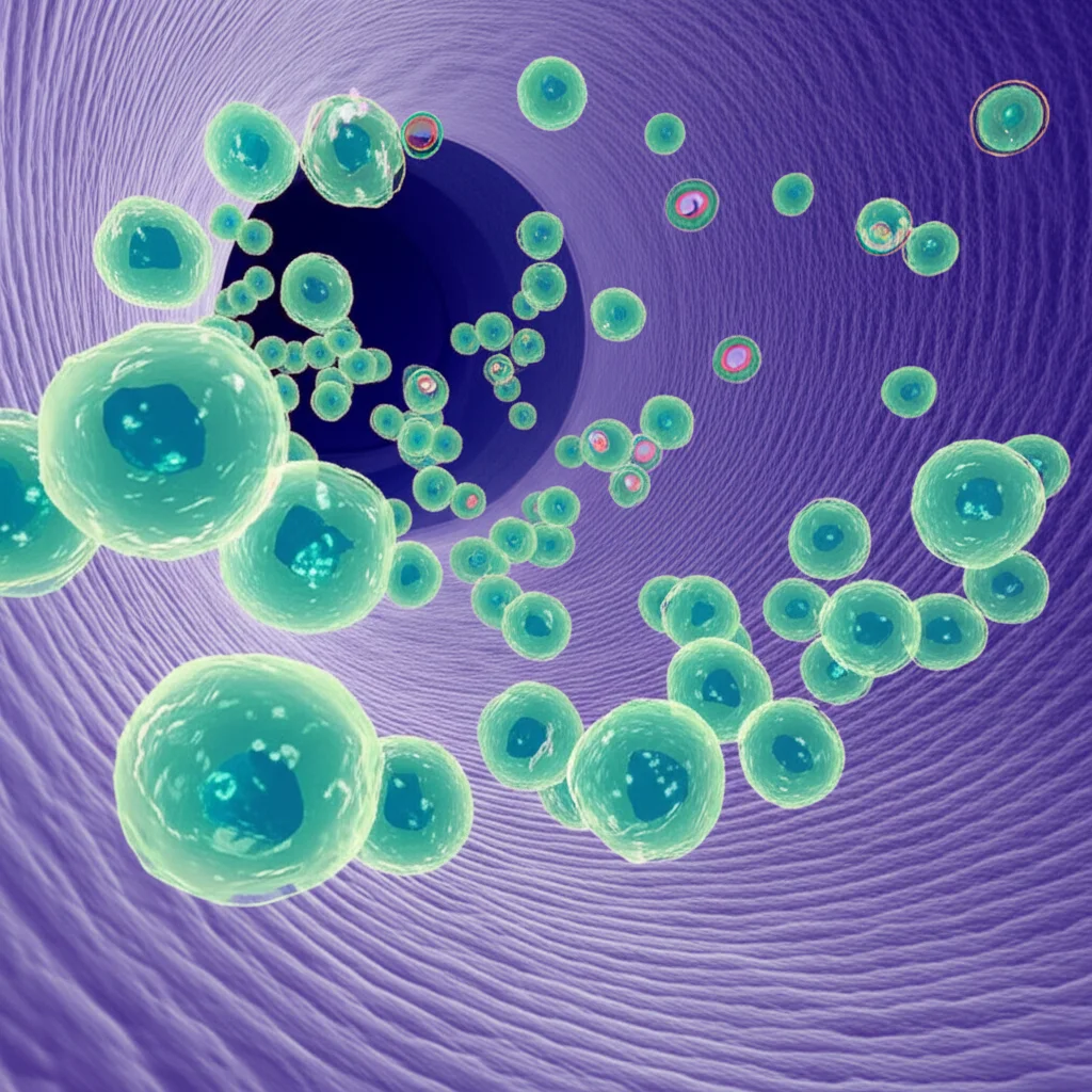 Immagine concettuale di cellule T (linfociti) nel flusso sanguigno, alcune evidenziate o raggruppate per rappresentare un aumento della clonalità. Obiettivo prime 35mm, profondità di campo, colori duotone verde e viola per illustrare la diversità e l'espansione clonale.