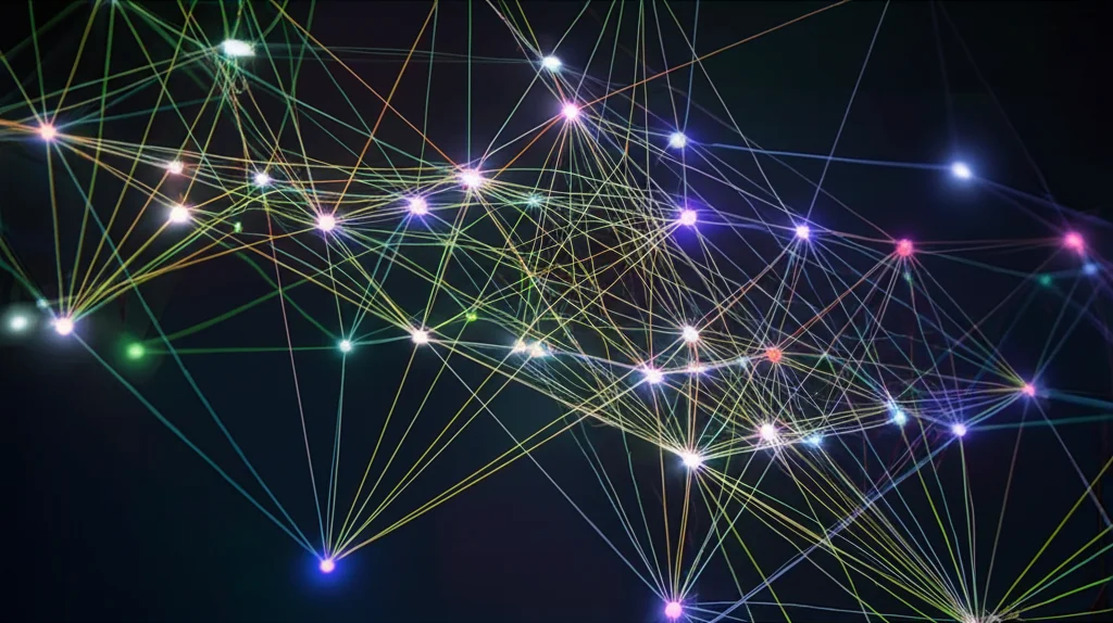 Visualizzazione astratta di percorsi biologici interconnessi (pathways) con nodi luminosi che rappresentano geni o proteine attivate, come risposta immunitaria, mitosi e stress ossidativo. Macro lens, 60mm, high detail, controlled lighting, colori vibranti su sfondo scuro.