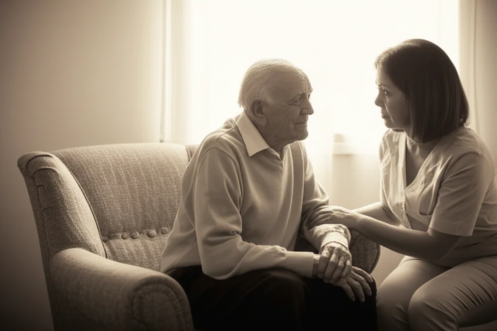 Fotografia di ritratto, obiettivo 35mm, un uomo anziano dall'aspetto fragile (paziente) seduto su una poltrona in un ambiente domestico luminoso, accanto a lui una donna di mezza età (caregiver) con un'espressione premurosa ma leggermente preoccupata, luce naturale soffusa, profondità di campo ridotta per sfocare lo sfondo, tonalità duotone seppia e grigio.