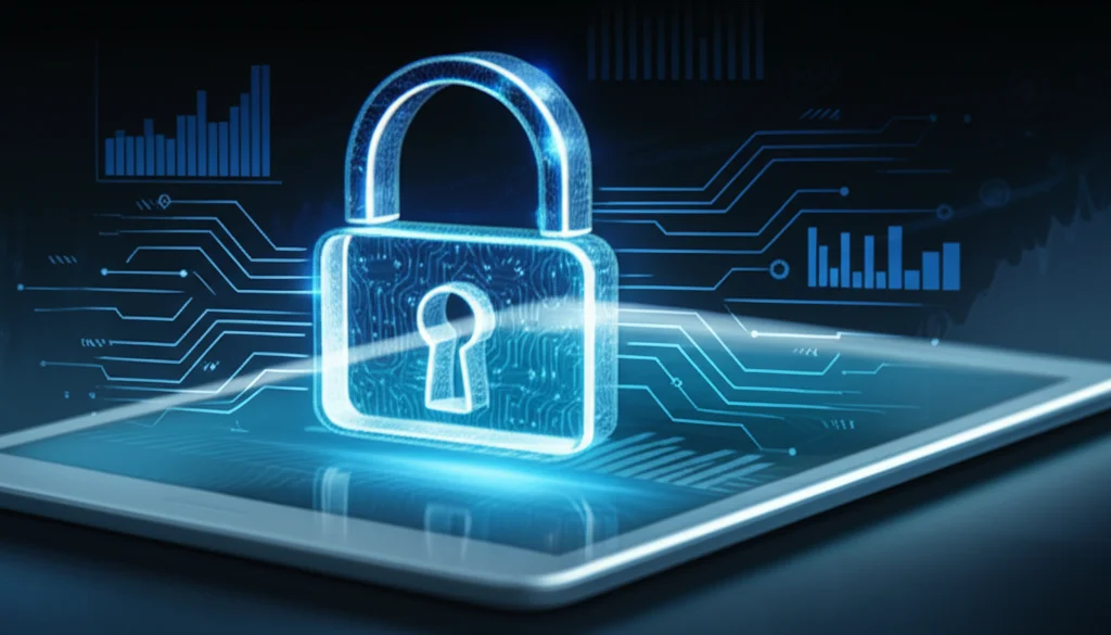 Immagine simbolica della sicurezza dei dati sanitari: un lucchetto digitale olografico fluttua sopra uno schermo di tablet che mostra grafici sanitari astratti. Illuminazione controllata high-tech, dettagli nitidi e riflessi bluastri. Obiettivo macro 100mm, messa a fuoco precisa sul lucchetto.