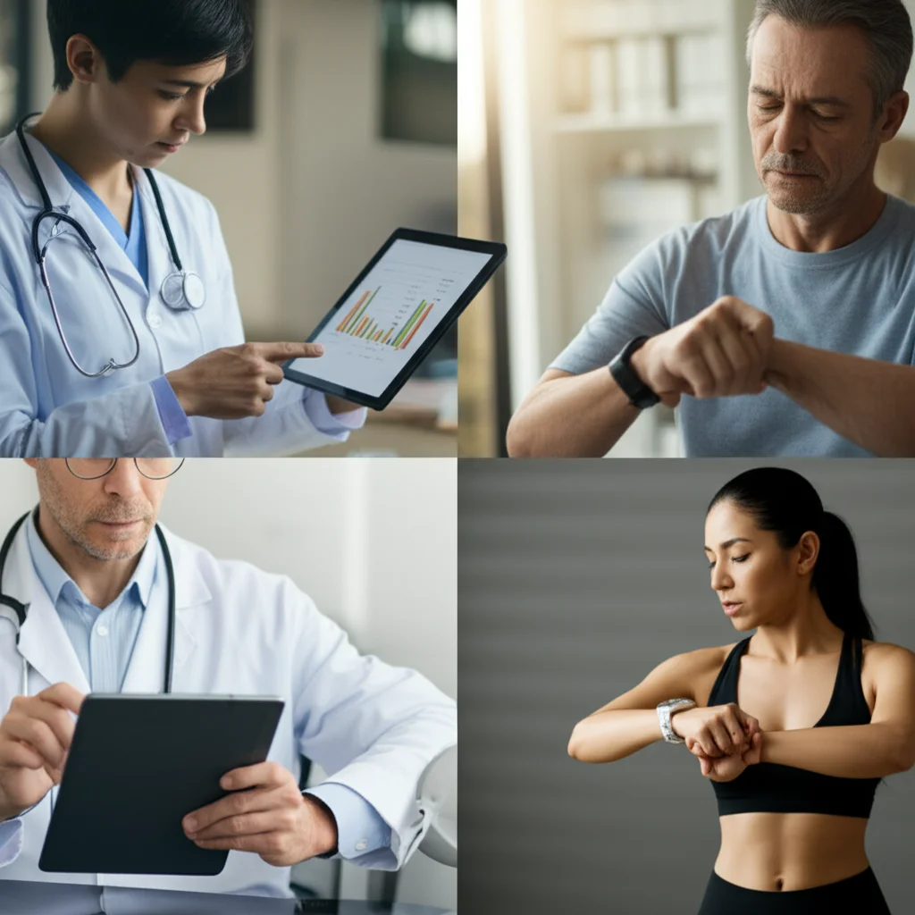 Collage di ritratti diversi che interagiscono con dispositivi digitali per la salute: un medico in camice bianco che esamina dati su un tablet, un paziente anziano che usa uno smartwatch, una giovane donna sportiva che controlla un'app sul telefono dopo l'allenamento. Stile fotogiornalistico, luce naturale varia, obiettivo zoom 35-70mm.