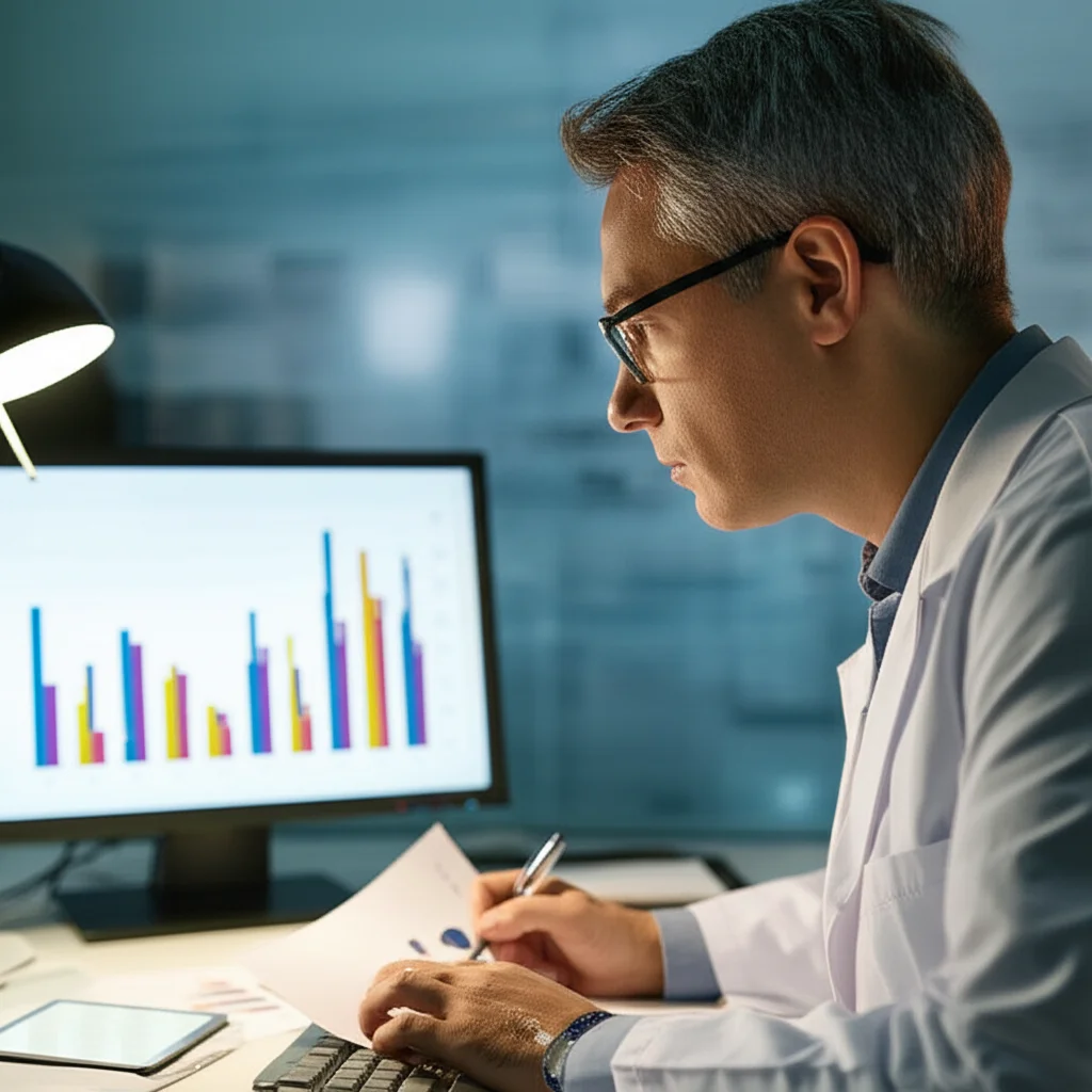 Scena di ricerca focalizzata sull'analisi dei dati: un ricercatore osserva attentamente grafici e tabelle su uno schermo di computer in un ambiente di laboratorio moderno e luminoso. Fogli con dati e appunti sono visibili sulla scrivania. Illuminazione da ufficio ben bilanciata, profondità di campo media. Obiettivo 50mm.