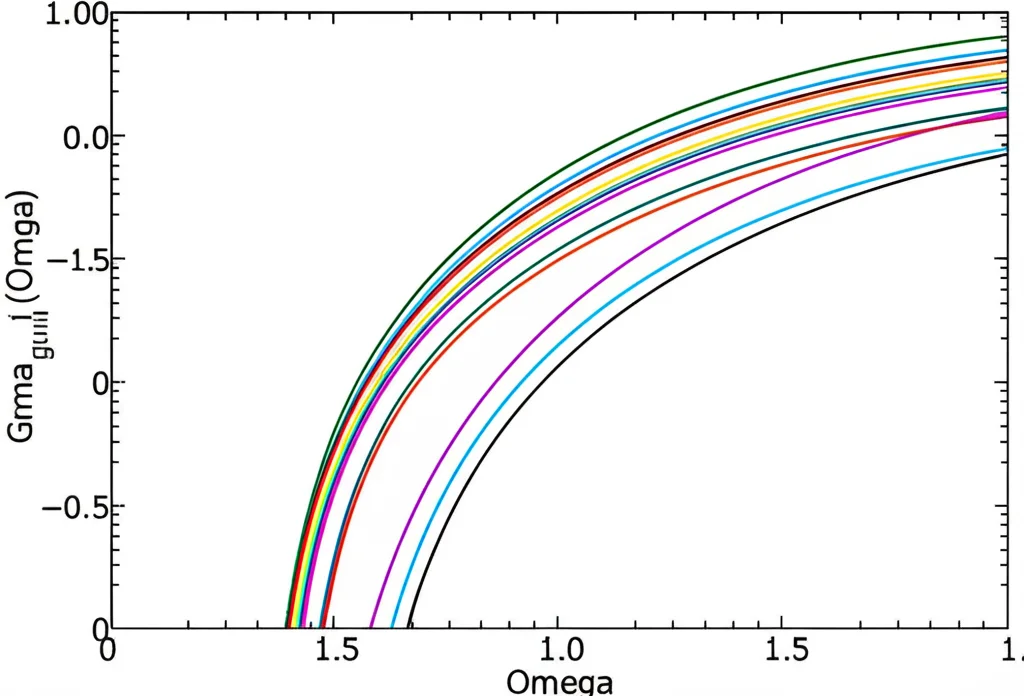 Grafico scientifico astratto che mostra la soppressione dei Fattori di Corpo Grigio (GBF) al crescere della massa del campo (mu) e del parametro r0 (passaggio da buco nero a wormhole). Curve colorate su assi etichettati Omega e Gamma_l(Omega). High detail, precise focusing, controlled lighting, macro lens style.