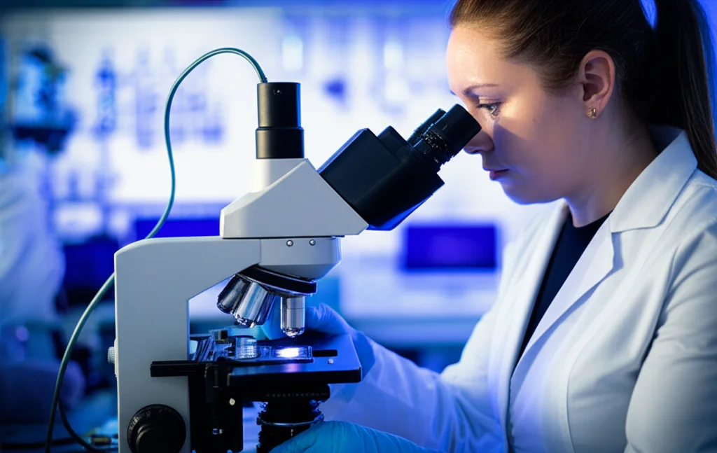Ricercatrice in un laboratorio moderno che osserva campioni di tessuto mammario sotto un microscopio ad alta potenza, luce controllata da laboratorio, obiettivo macro 100mm, alta definizione dei dettagli cellulari, focus preciso sul vetrino.