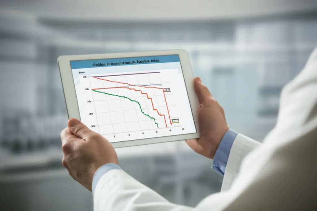 Grafico di sopravvivenza Kaplan-Meier visualizzato su un tablet tenuto da un medico in camice bianco, sfondo sfocato di uno studio medico, obiettivo prime 50mm, profondità di campo che isola il tablet e le mani del medico.