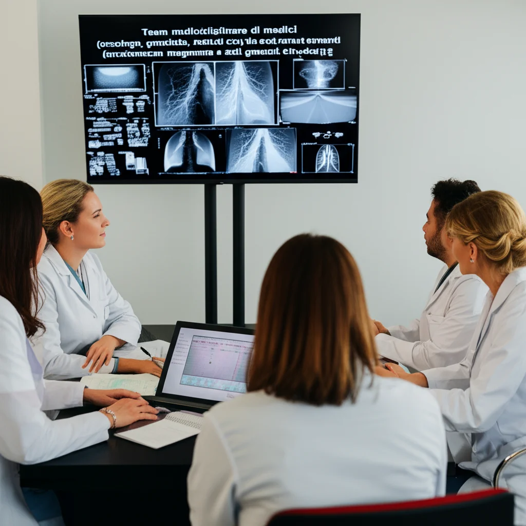 Team multidisciplinare di medici (oncologo, genetista, radiologo) che discute davanti a schermi che mostrano immagini di risonanza magnetica mammaria e dati genetici, sala riunioni ospedaliera, obiettivo grandangolare 24mm, luce professionale, focus nitido sui volti e sugli schermi.