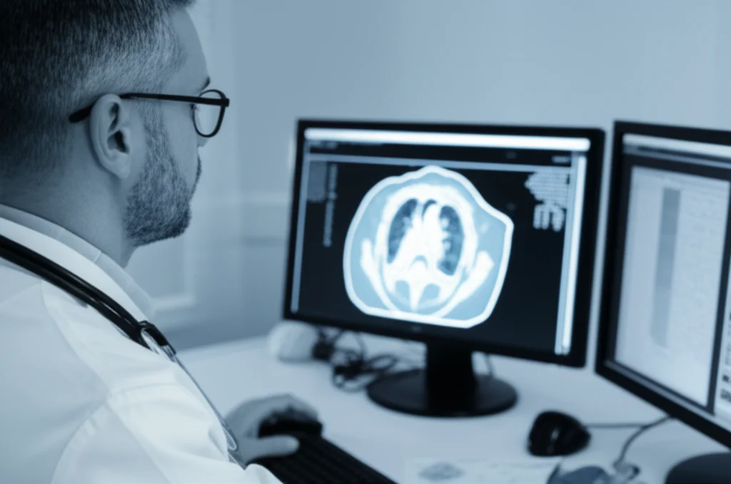 Ritratto di un medico oncologo che esamina attentamente una scansione PET/CT su un monitor ad alta risoluzione, obiettivo prime 35mm, duotono blu e grigio che enfatizza la serietà e la concentrazione, profondità di campo che sfoca lo sfondo dello studio medico.