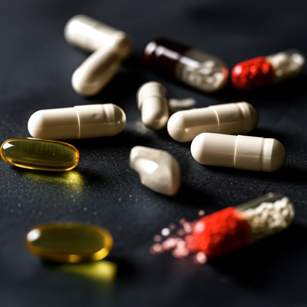 Fotografia stile still life di diverse capsule e pillole di antibiotici sparse su una superficie scura, alcune intatte altre spezzate, lente macro 60mm, illuminazione drammatica dall'alto, alta definizione dei dettagli, a simboleggiare la sfida della resistenza.
