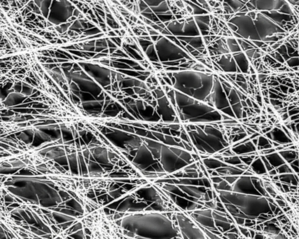 Microscopia elettronica a trasmissione (TEM) che mostra fibrille aggrovigliate di alfa-sinucleina, obiettivo macro 100mm, alta risoluzione, illuminazione controllata, che illustra l'aggregazione proteica nel Parkinson.