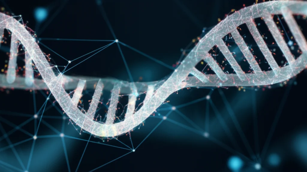 Visualizzazione artistica di un'intelligenza artificiale che analizza e genera sequenze di amminoacidi simili a DNA, rappresentata da stringhe luminose e nodi neurali digitali interconnessi su sfondo scuro. Macro lens, 85mm, illuminazione controllata e drammatica che enfatizza i dettagli, alto dettaglio sulle strutture molecolari digitali.