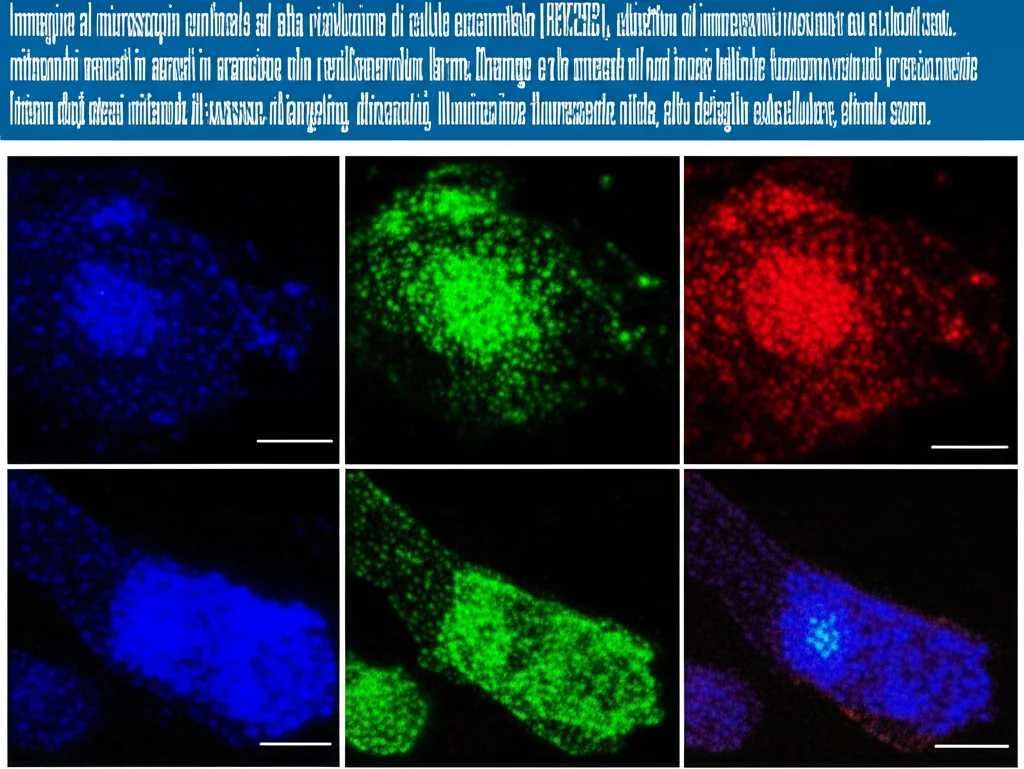 Immagine al microscopio confocale ad alta risoluzione di cellule eucariotiche (HEK293), obiettivo 100x oil immersion. Si vedono chiaramente i mitocondri marcati in arancione vivo (MitoTracker Orange) e la proteina GFP marcata in verde brillante localizzata precisamente all'interno degli stessi mitocondri, dimostrando il successo del targeting. Illuminazione fluorescente nitida, alto dettaglio subcellulare, sfondo scuro.