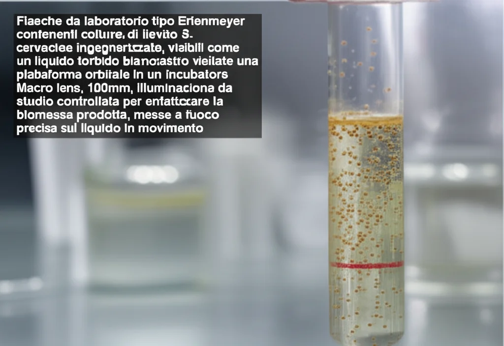 Fiasche da laboratorio tipo Erlenmeyer contenenti colture di lievito S. cerevisiae ingegnerizzato, visibili come un liquido torbido biancastro, agitate su una piattaforma orbitale in un incubatore. Macro lens, 100mm, illuminazione da studio controllata per enfatizzare la biomassa prodotta, messa a fuoco precisa sul liquido in movimento.