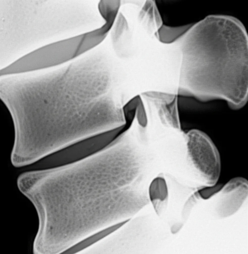 Immagine macro di una sezione trasversale di una vertebra umana che mostra il canale spinale ristretto, illuminazione controllata per evidenziare i dettagli ossei, lente macro 90mm, alta definizione, focus preciso sulla stenosi.