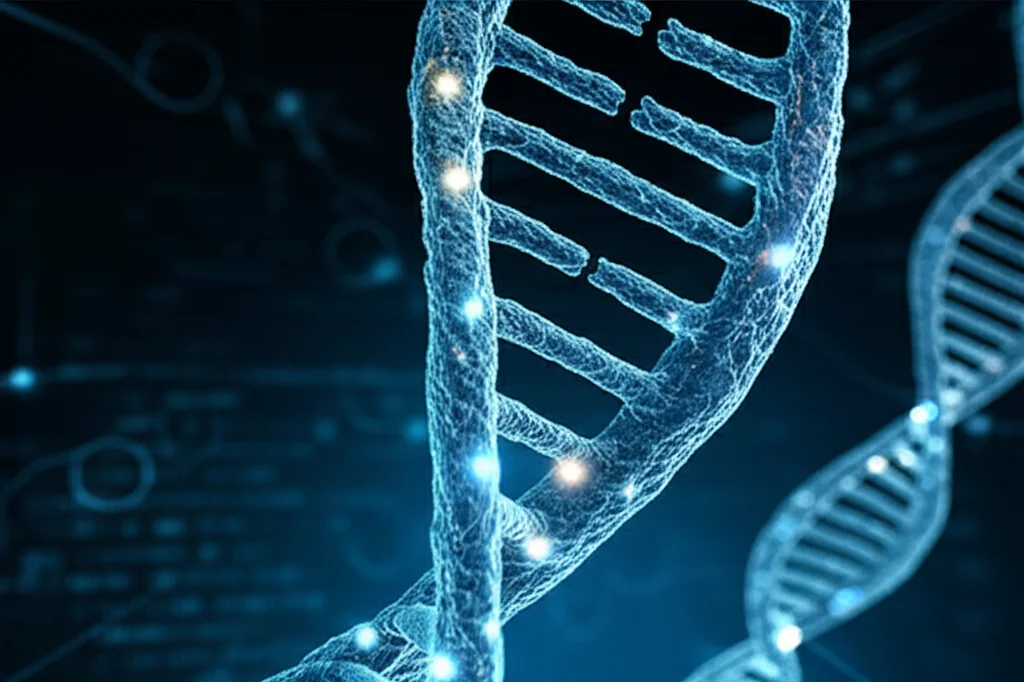 Visualizzazione astratta di una doppia elica di DNA con punti luminosi che rappresentano SNP associati a geni target, sfondo scuro con linee di codice genetico sfocate, messa a fuoco selettiva sui punti luminosi, stile cinematografico high-tech.