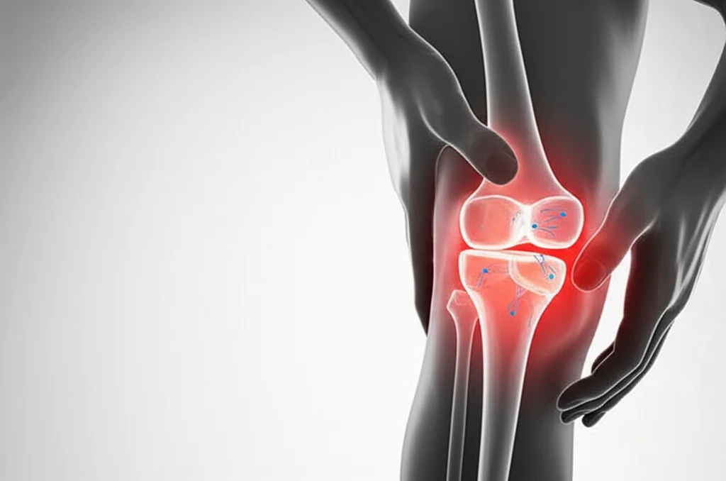 Illustrazione medica stilizzata che mostra un sistema immunitario con anticorpi IgA mancanti (simboleggiati da spazi vuoti) accanto a un'articolazione del ginocchio infiammata e gonfia, evidenziando la connessione tra deficit di IgA e artrite giovanile. Macro lens, 85mm, high detail, controlled lighting, sfondo neutro.