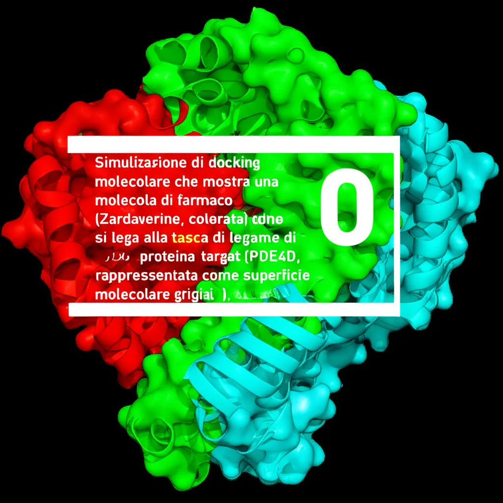 Simulazione di docking molecolare che mostra una molecola di farmaco (Zardaverine, colorata) che si lega alla tasca di legame di una proteina target (PDE4D, rappresentata come superficie molecolare grigia), visualizzazione 3D dettagliata su sfondo neutro, alta risoluzione, illuminazione scientifica.