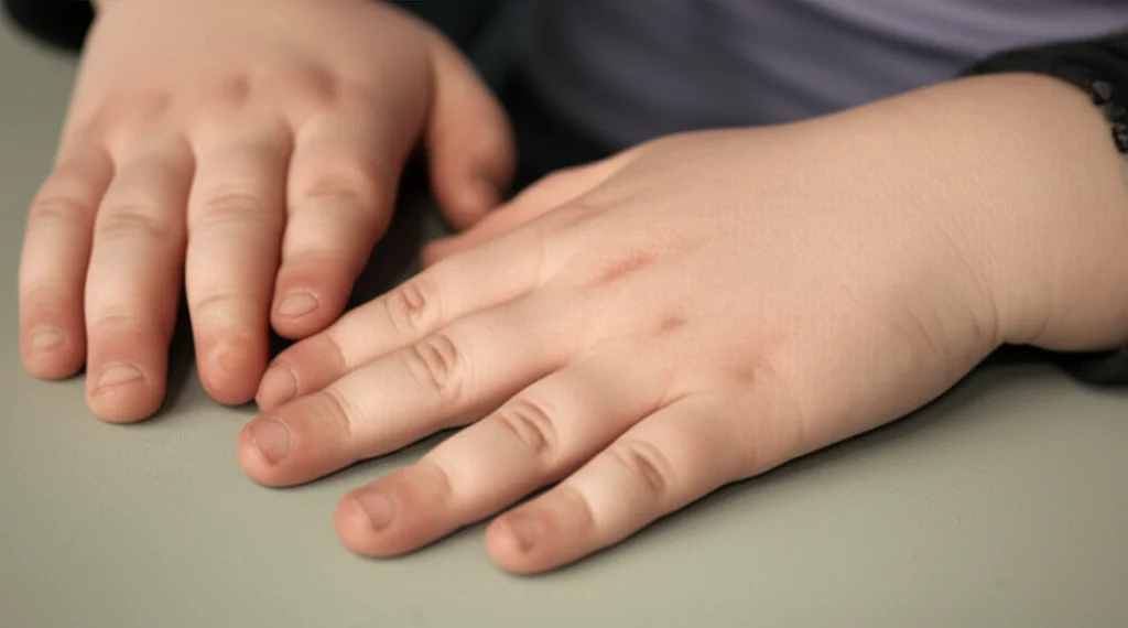 Fotografia realistica di mani di bambino con articolazioni delle dita visibilmente gonfie e leggermente deformate, appoggiate su un tavolo da visita medica. Prime lens, 50mm, depth of field, luce clinica ma morbida, focus sui dettagli delle articolazioni e sulla texture della pelle.