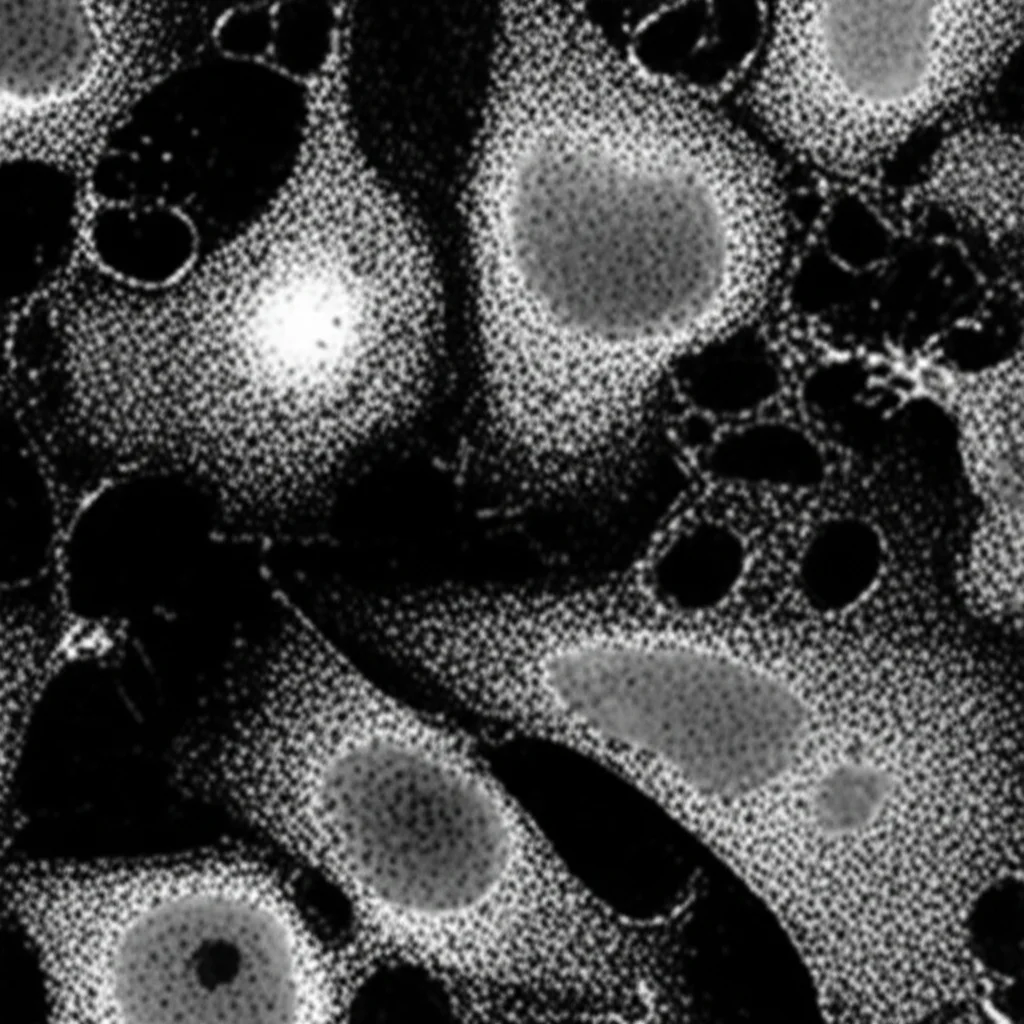 Vista microscopica di cellule di cancro al seno umano in condizioni di ipossia, con focus su RNA e proteine interagenti nel nucleo e citoplasma. Lente macro 80mm, alto dettaglio, illuminazione controllata con duotono blu/viola per rappresentare lo stress cellulare.