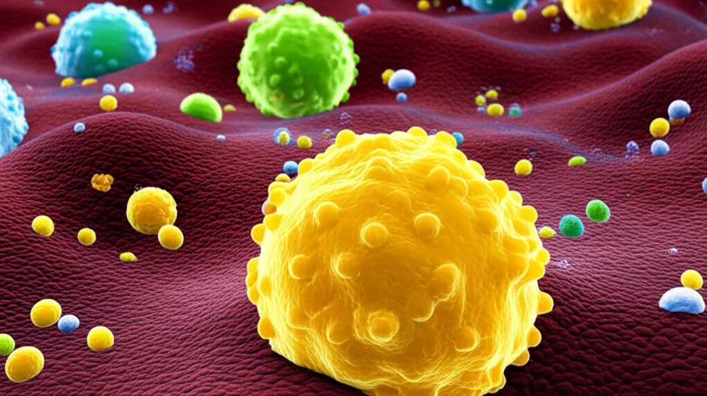 Visualizzazione 3D astratta del microambiente tumorale del melanoma, con cellule tumorali (scure) infiltrate da diverse cellule immunitarie (colorate), rappresentazione artistica ma scientificamente plausibile, macro lens 85mm, high detail, controlled lighting.