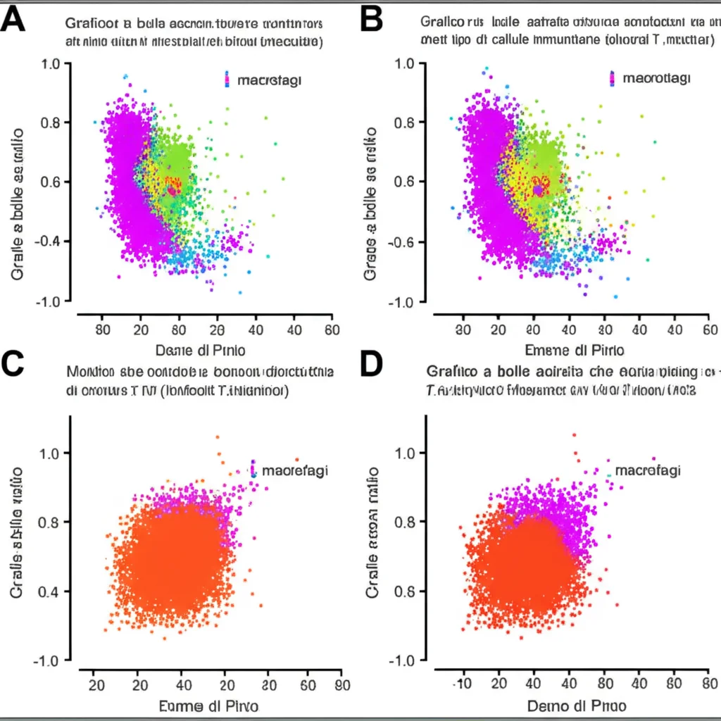 Grafico a bolle astratto che mostra correlazioni tra diversi tipi di cellule immunitarie (linfociti T, macrofagi) e un punteggio di rischio, visualizzazione dati scientifici, stile pulito e moderno, colori contrastanti.