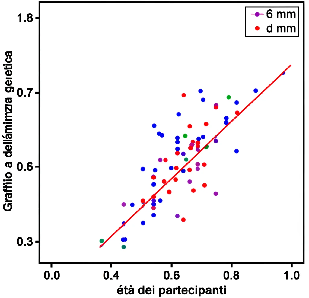 Grafico a dispersione che mostra una tendenza lineare decrescente tra l'età dei partecipanti (asse x) e l'entropia dell'admixture genetica (asse y), con punti dati colorati e una linea di regressione chiara, obiettivo prime 50mm, profondità di campo ridotta per focalizzare sui dati, stile scientifico pulito.