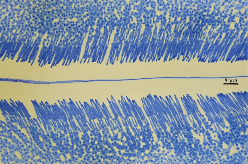 Immagine al microscopio di cellule di melanoma A375 in una piastra di coltura durante un esperimento di wound healing, con un graffio visibile che si chiude più lentamente nelle cellule trattate, macro lens 60mm, high detail, precise focusing, controlled lighting.