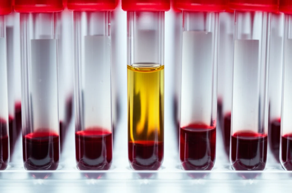 Fotografia macro di una provetta di sangue EDTA in un rack da laboratorio, illuminazione controllata ad alto contrasto, alta definizione, focus preciso sul plasma separato giallastro sopra i globuli rossi sedimentati, obiettivo macro 105mm.