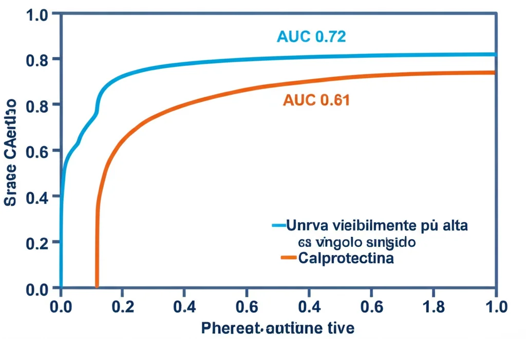 Visualizzazione grafica astratta di due curve ROC (Receiver Operating Characteristic) su un grafico cartesiano. Una curva (etichettata CRP) è visibilmente più alta e più vicina all'angolo superiore sinistro (AUC 0.72) rispetto all'altra (etichettata Calprotectina, AUC 0.61), indicando una performance diagnostica superiore. Stile infografica medica, colori blu e arancione duotone.