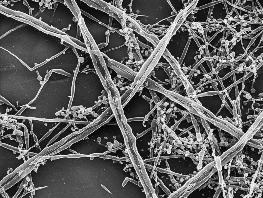 Micrografia elettronica ad alta definizione che mostra cellule fungine filamentose (Aspergillus o simile) circondate da neutrofili attivati in un campione biologico. Illuminazione scientifica, dettagli cellulari precisi, obiettivo macro 60mm.