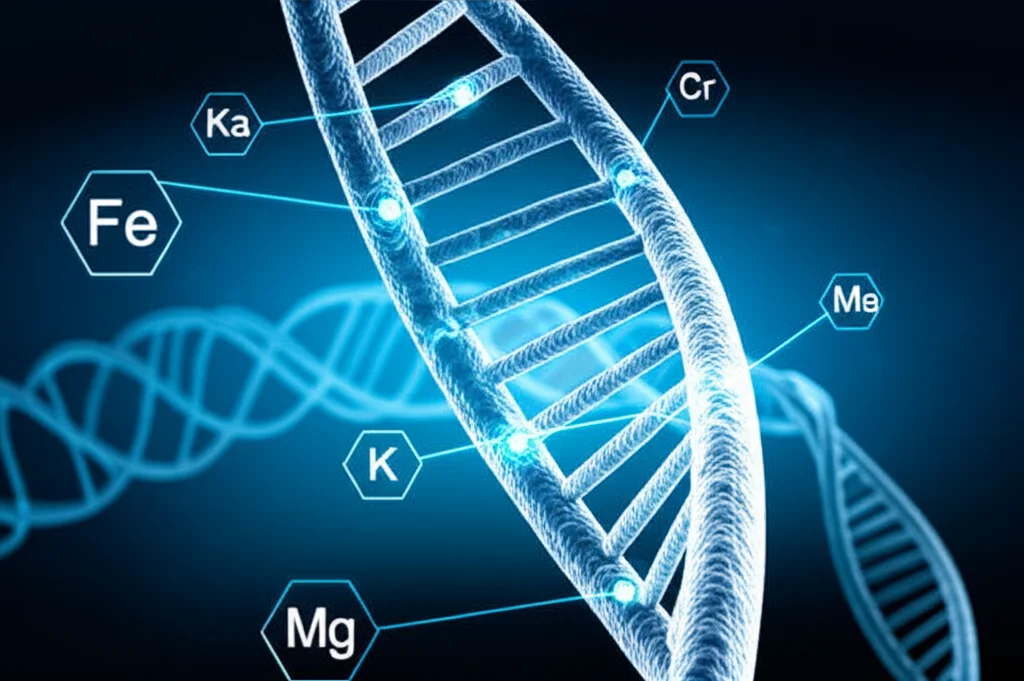 Concetto astratto di analisi genetica e minerale: una doppia elica di DNA stilizzata si intreccia con icone luminose rappresentanti minerali (Fe, K, Ca, Mg) su uno sfondo digitale blu scuro, stile fotorealistico con profondità di campo.