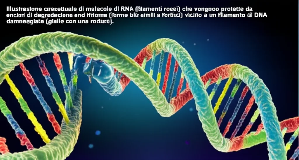 Illustrazione concettuale di molecole di RNA (filamenti rossi) che vengono protette da enzimi di degradazione (forme blu simili a forbici) vicino a un filamento di DNA danneggiato (giallo con una rottura). Sfondo scuro, stile grafico astratto, focus selettivo sull'interazione RNA-enzima.