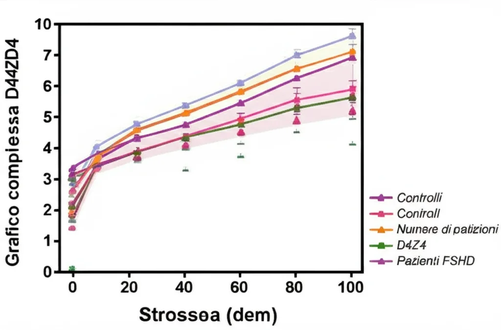 Grafico complesso che mostra la correlazione inversa tra il numero di ripetizioni D4Z4 (asse x, decrescente) e i livelli di RNA stabilizzati (asse y, crescente) in risposta allo stress genotossico. Linee di tendenza distinte per controlli e pazienti FSHD. Stile infografica scientifica, colori chiari su sfondo bianco.