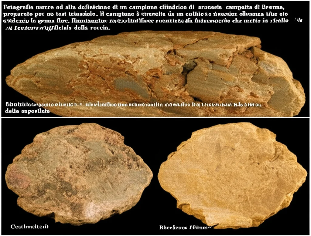 Fotografia macro ad alta definizione di un campione cilindrico di arenaria compatta di Brenna, preparato per un test triassiale. Il campione è rivestito da un sottile strato di vernice siliconica isolante trasparente che ne evidenzia la grana fine. Illuminazione controllata da laboratorio che mette in risalto la texture superficiale della roccia. Obiettivo macro 100mm, messa a fuoco precisa sui dettagli della superficie.