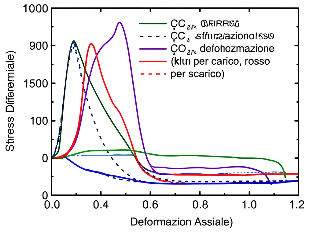 Visualizzazione grafica 3D fotorealistica di curve sforzo-deformazione colorate (blu per carico, rosso per scarico) sovrapposte, che mostrano distinti cicli di carico e scarico (hysteresis loops) su un materiale roccioso come l'arenaria. L'immagine dovrebbe avere un aspetto pulito, scientifico, con assi etichettati (Stress Differenziale, Deformazione Assiale) e una leggera profondità di campo. Illuminazione da studio.