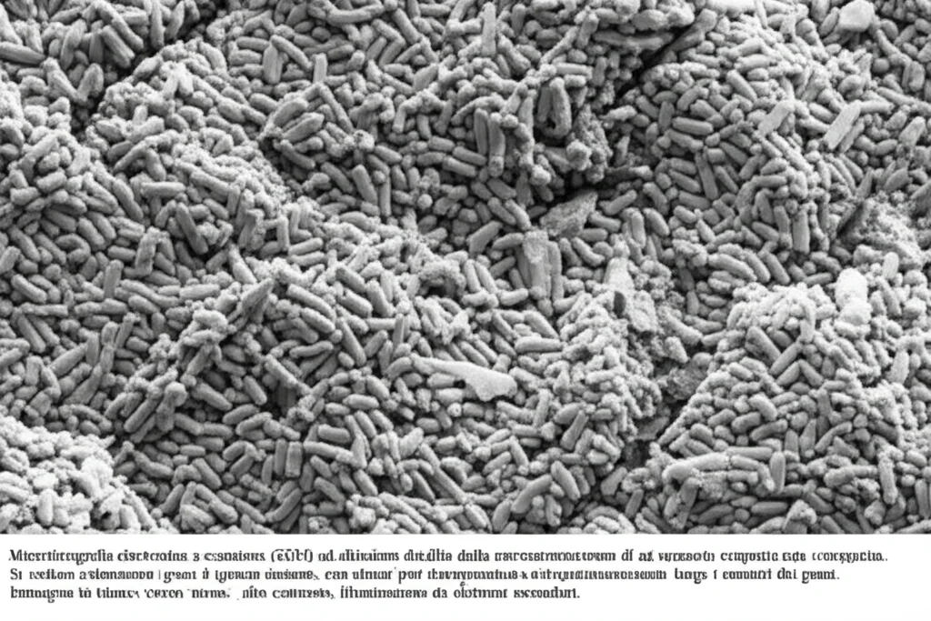 Microfotografia elettronica a scansione (SEM) ad altissimo dettaglio della microstruttura interna di un'arenaria compatta. Si vedono chiaramente i grani di quarzo cementati insieme, con alcuni pori intergranulari e potenziali microfratture lungo i contatti dei grani. Immagine in bianco e nero, alto contrasto, illuminazione da elettroni secondari.