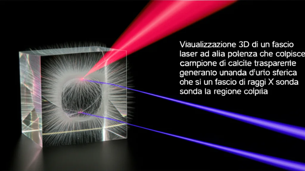 Visualizzazione 3D di un fascio laser ad alta potenza che colpisce un campione di calcite trasparente, generando un'onda d'urto sferica che si propaga all'interno. Accanto, un fascio di raggi X sonda la regione colpita. Macro lens, 85mm, high detail, precise focusing, controlled lighting, stile scientifico.