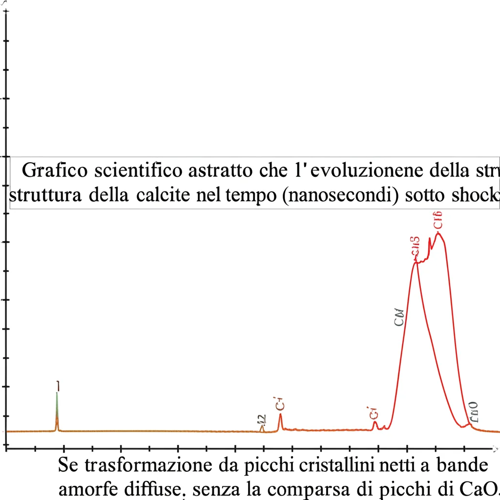 Grafico scientifico astratto che mostra l'evoluzione della struttura della calcite nel tempo (nanosecondi) sotto shock. Si vede la trasformazione da picchi cristallini netti a bande amorfe diffuse, senza la comparsa di picchi di CaO. Sfondo scuro, linee luminose.