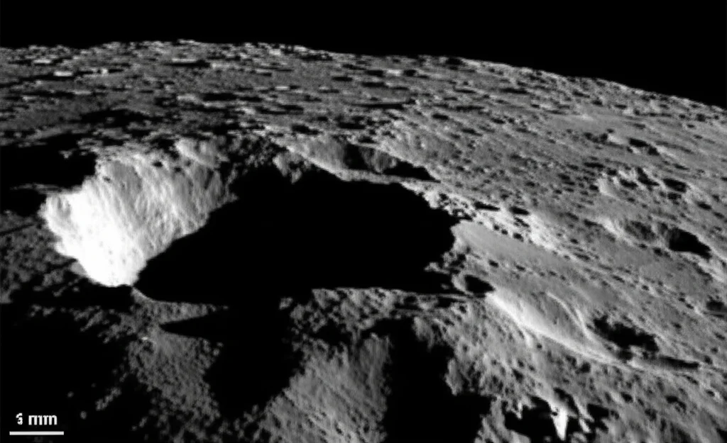 Immagine fotorealistica della superficie scura e rocciosa dell'asteroide Ryugu, con un piccolo cratere da microimpatto visibile su una roccia. In primo piano, un dettaglio simulato di granuli di calcite alterati e forse parzialmente amorfizzati. Wide-angle lens, 15mm, sharp focus, stile astro photography, luce solare diretta.