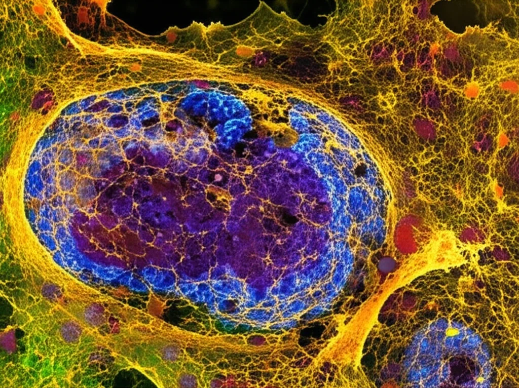 Micrografia elettronica a colori vividi di una cellula tumorale in apoptosi indotta da ferroptosi, obiettivo macro 100mm, dettagli ultradefiniti delle membrane cellulari danneggiate e dei mitocondri alterati con accumulo di ferro (particelle scure), illuminazione controllata per evidenziare l'accumulo di lipidi perossidati (goccioline brillanti).